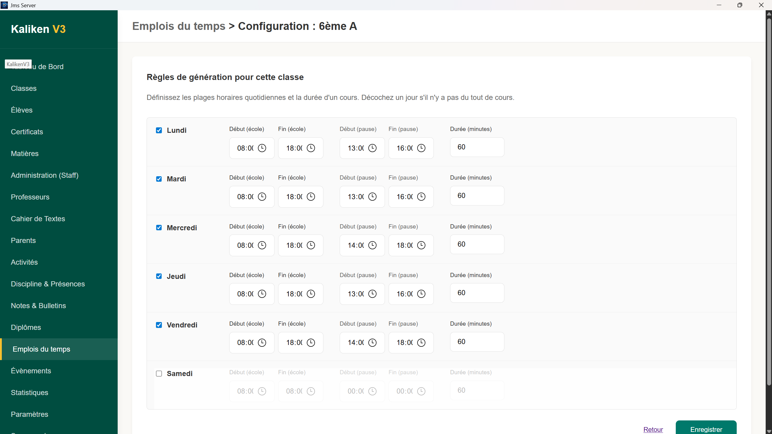 Emploi du temps — détail